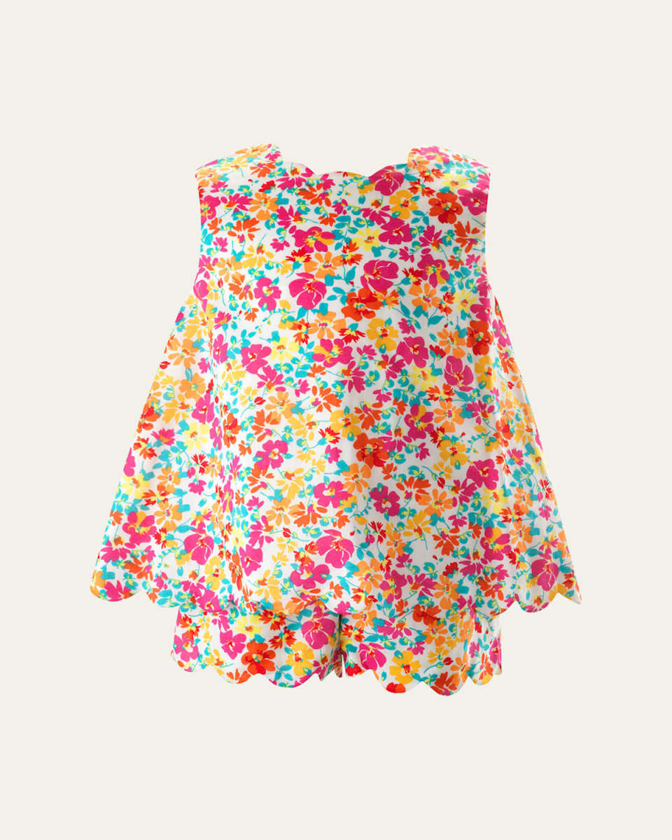 Girl's Scallop-Trim Floral-Print Short Set, Size 2-10